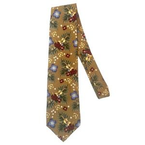 VTG Hawaiian Hibiscus Ukulele Palm Leaves Mustard Handsewn Silk Tie Made in USA